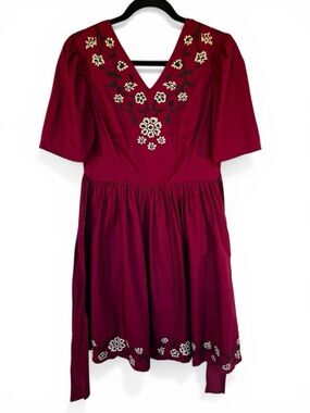 Ivy City Co Burgundy Embroidered Tie Dress With Pockets and Puff Sleeve Small